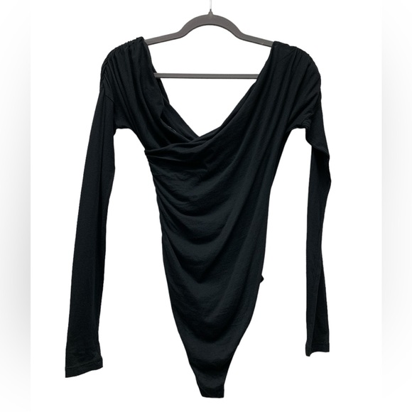New! Abound crossover v-neck long sleeve leotard bodysuit, black, cotton, XS - Picture 2 of 4